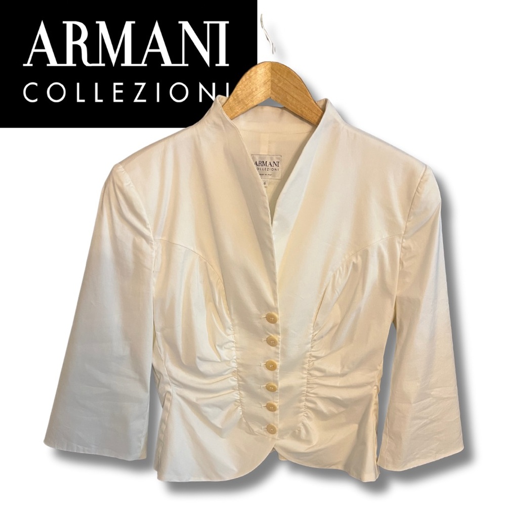 Armani Collezioni Luxury Designer Evening Jacket, White, Buttons and Ruching
